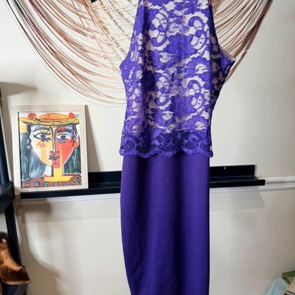 Purple Lace Midi Dress with Sheer Bodice